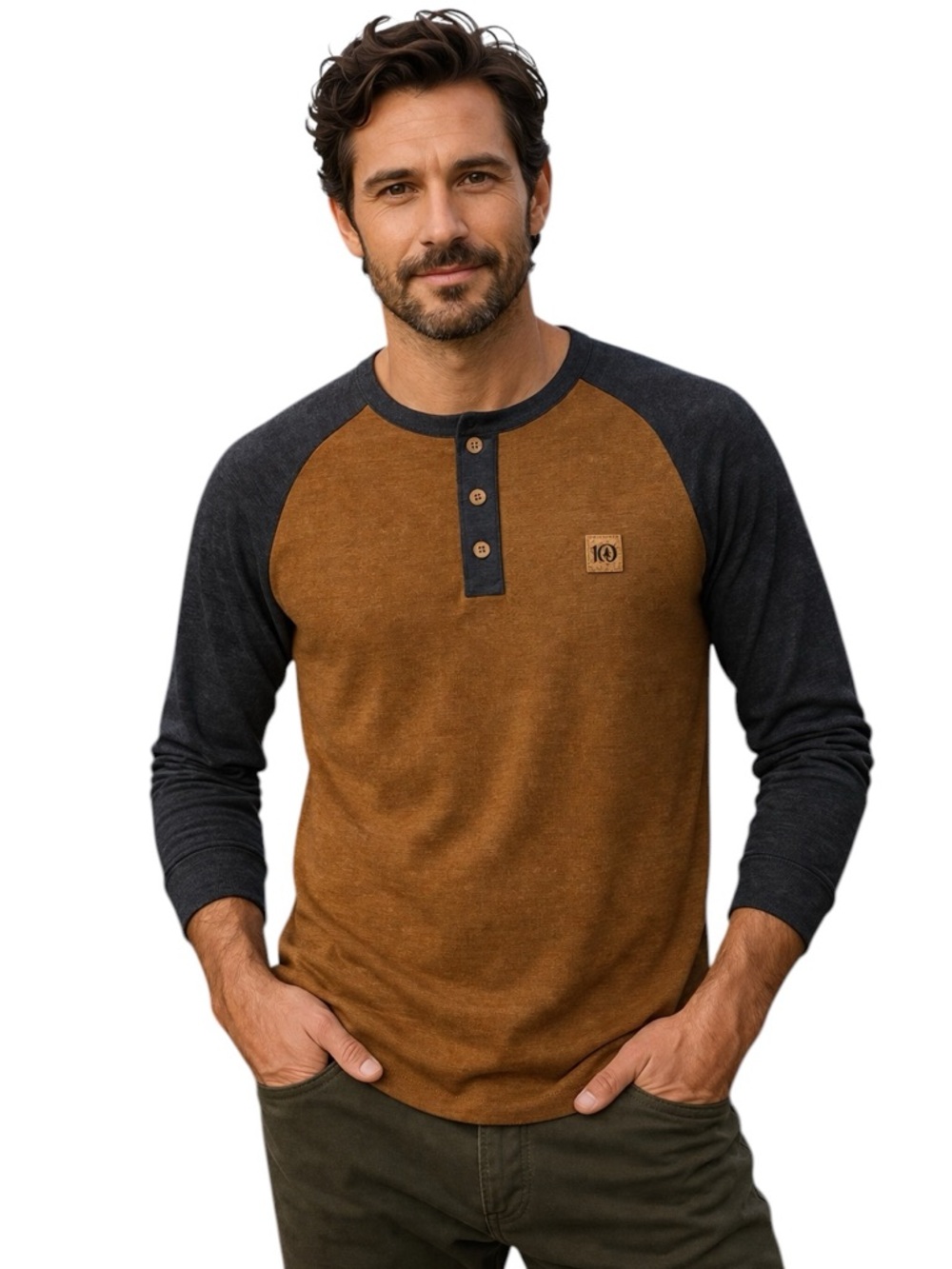 Tentree Henley Raglan Long Sleeve Shirt Men’s Size Small Tan Grey